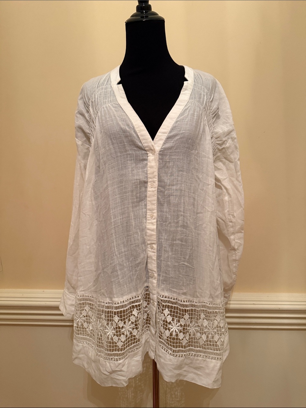 Free People Green Gardens White Gauzy Button-Front Tunic w/ Lace Hem Size Small - Picture 3 of 11